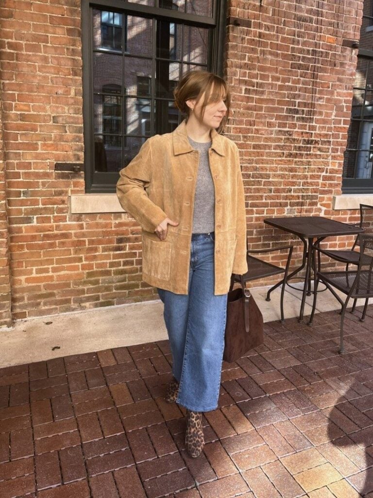Suede Jacket with Wide Leg Jeans and Leopard Print Boots Suede Jacket with Wide Leg Jeans and Leopard Print Boots — Aesthetic Going Out Outfits