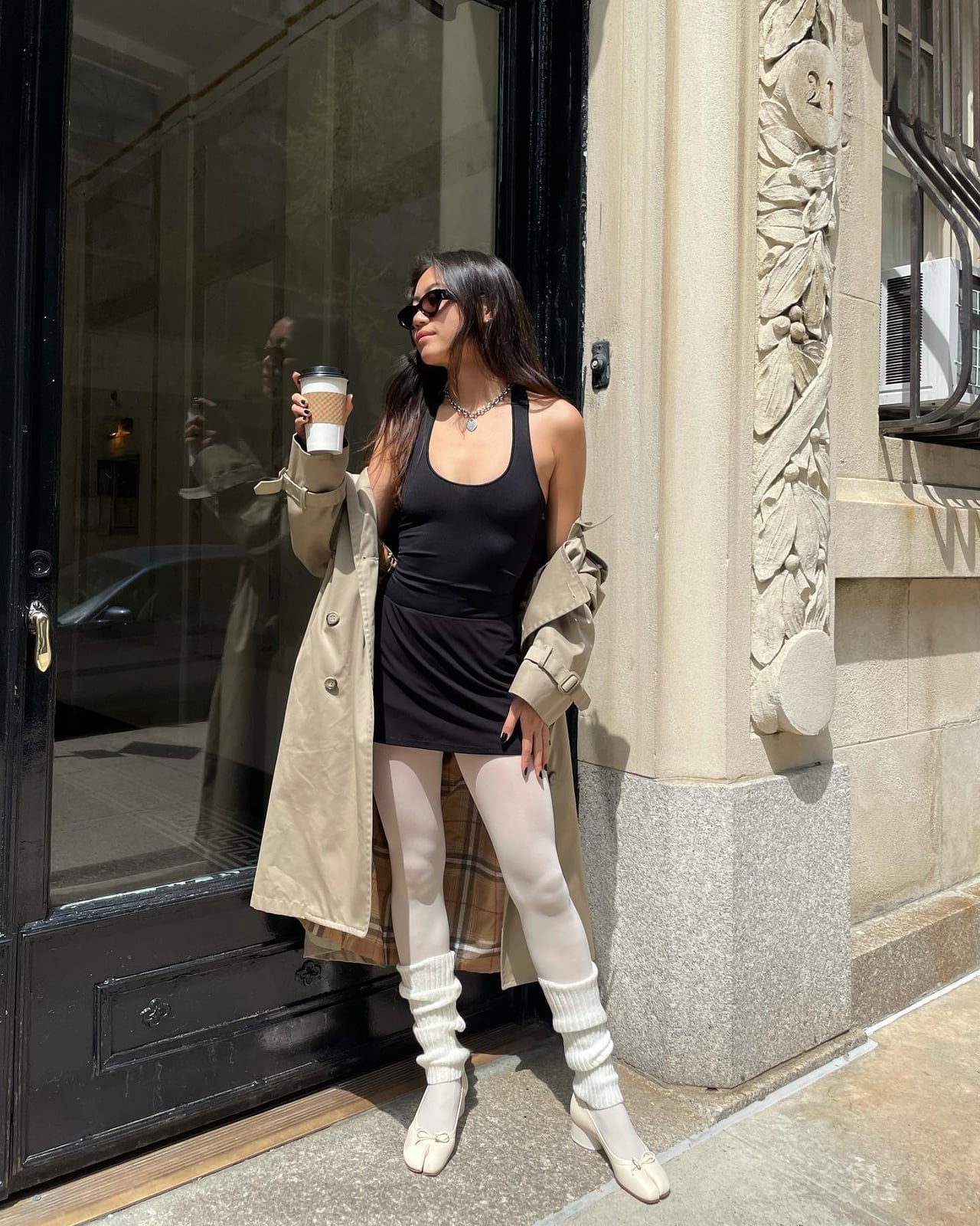 Mini Dress with Leg Warmers and Trench Coat Mini Dress with Leg Warmers and Trench Coat — Aesthetic Going Out Outfits