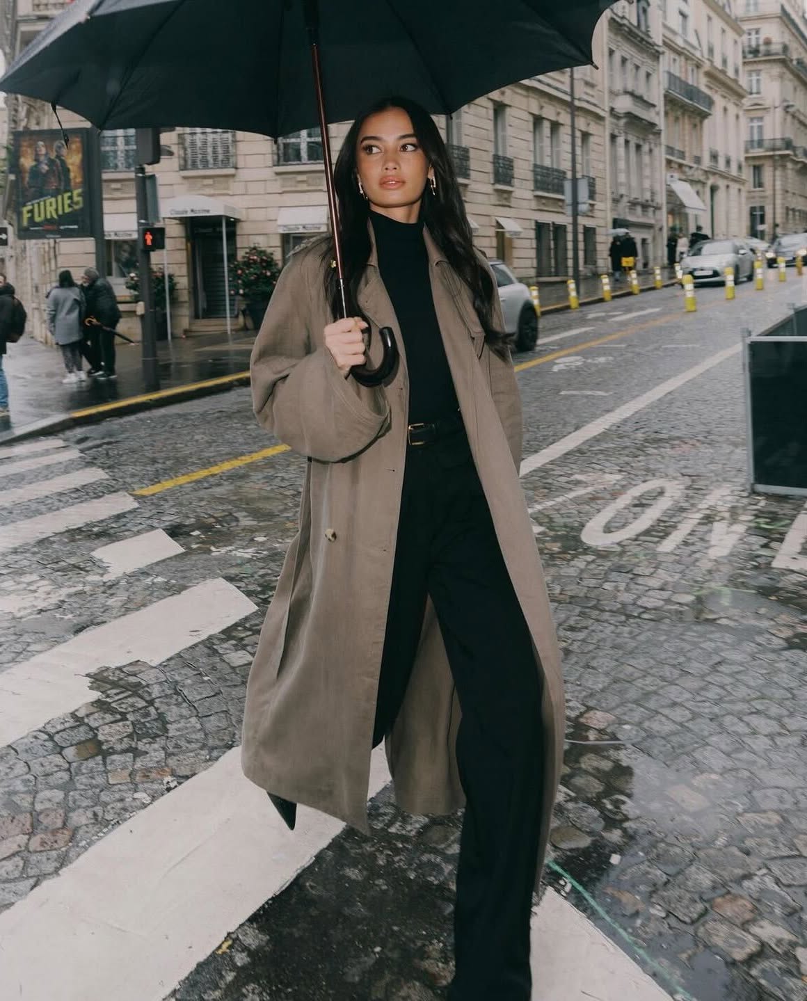 Long Grey Trench Coat Over Turtleneck and Trousers Long Grey Trench Coat Over Turtleneck and Trousers — Aesthetic Going Out Outfits Night
