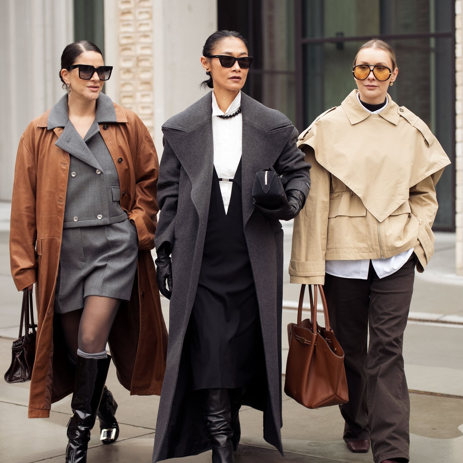 Brown Leather Trench Coat with Grey Blazer and Shorts Brown Leather Trench Coat with Grey Blazer and Shorts — Aesthetic Going Out Outfits Night