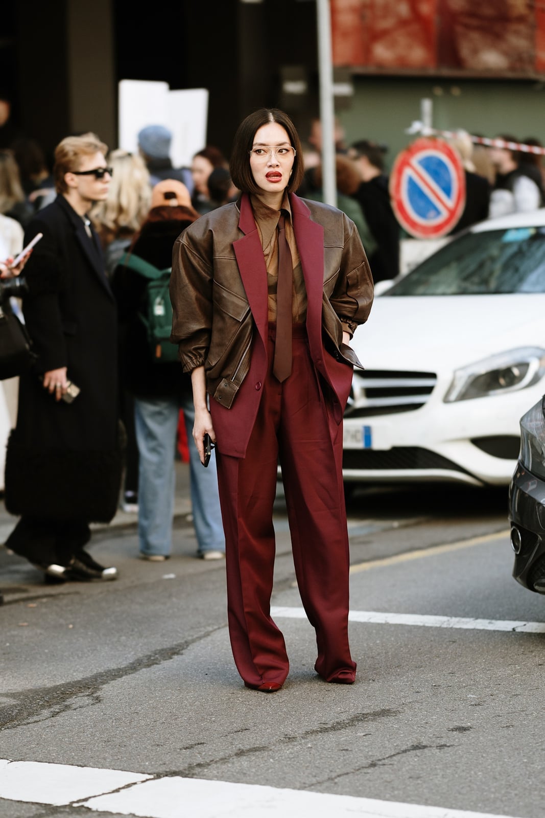 Burgundy Suit with Oversized Leather Bomber Jacket Burgundy Suit with Oversized Leather Bomber Jacket — Aesthetic Going Out Outfits Night