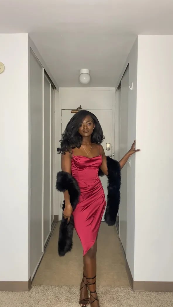 Red Satin Slip Dress with Faux Fur Stole Red Satin Slip Dress with Faux Fur Stole — Aesthetic Going Out Outfits Night