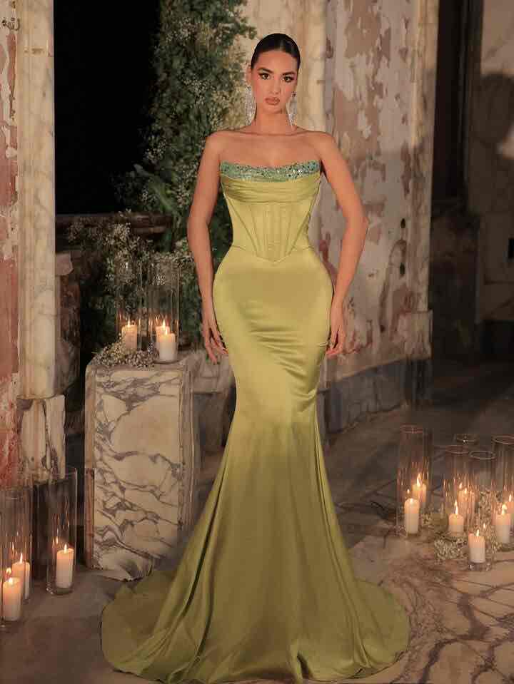 Lime Green Satin Strapless Mermaid Gown Lime Green Satin Strapless Mermaid Gown — Aesthetic Gowns Dresses