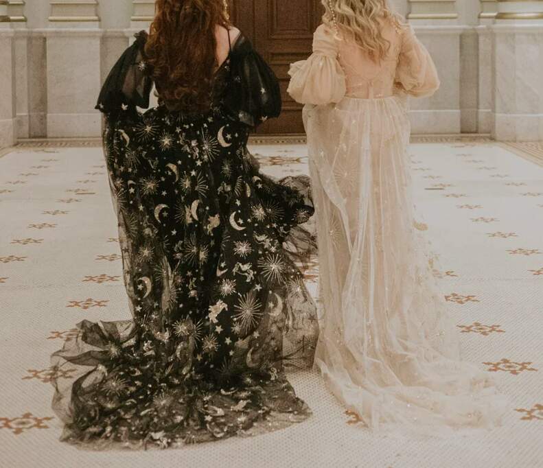 Black Embroidered Ballgown with Star and Moon Motifs Black Embroidered Ballgown with Star and Moon Motifs — Aesthetic Gowns Dresses