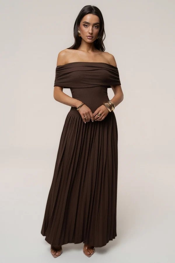 Brown Knit Off-the-Shoulder Maxi Dress Brown Knit Off-the-Shoulder Maxi Dress — Aesthetic Gowns Dresses