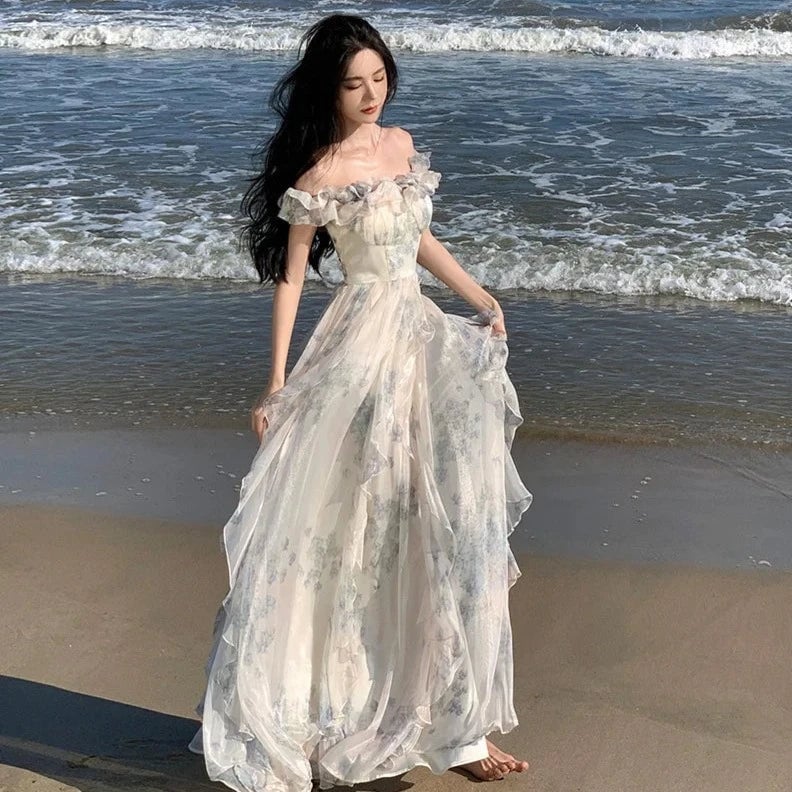 Ivory Off-the-Shoulder Floral Chiffon Dress Ivory Off-the-Shoulder Floral Chiffon Dress — Aesthetic Gowns Dresses