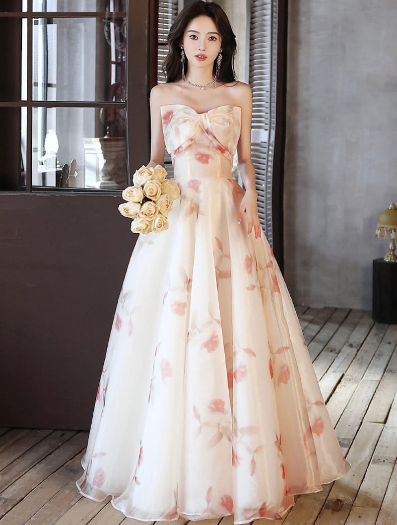 Ivory Strapless Ballgown with Pink Floral Print and Bow Ivory Strapless Ballgown with Pink Floral Print and Bow — Aesthetic Gowns Dresses
