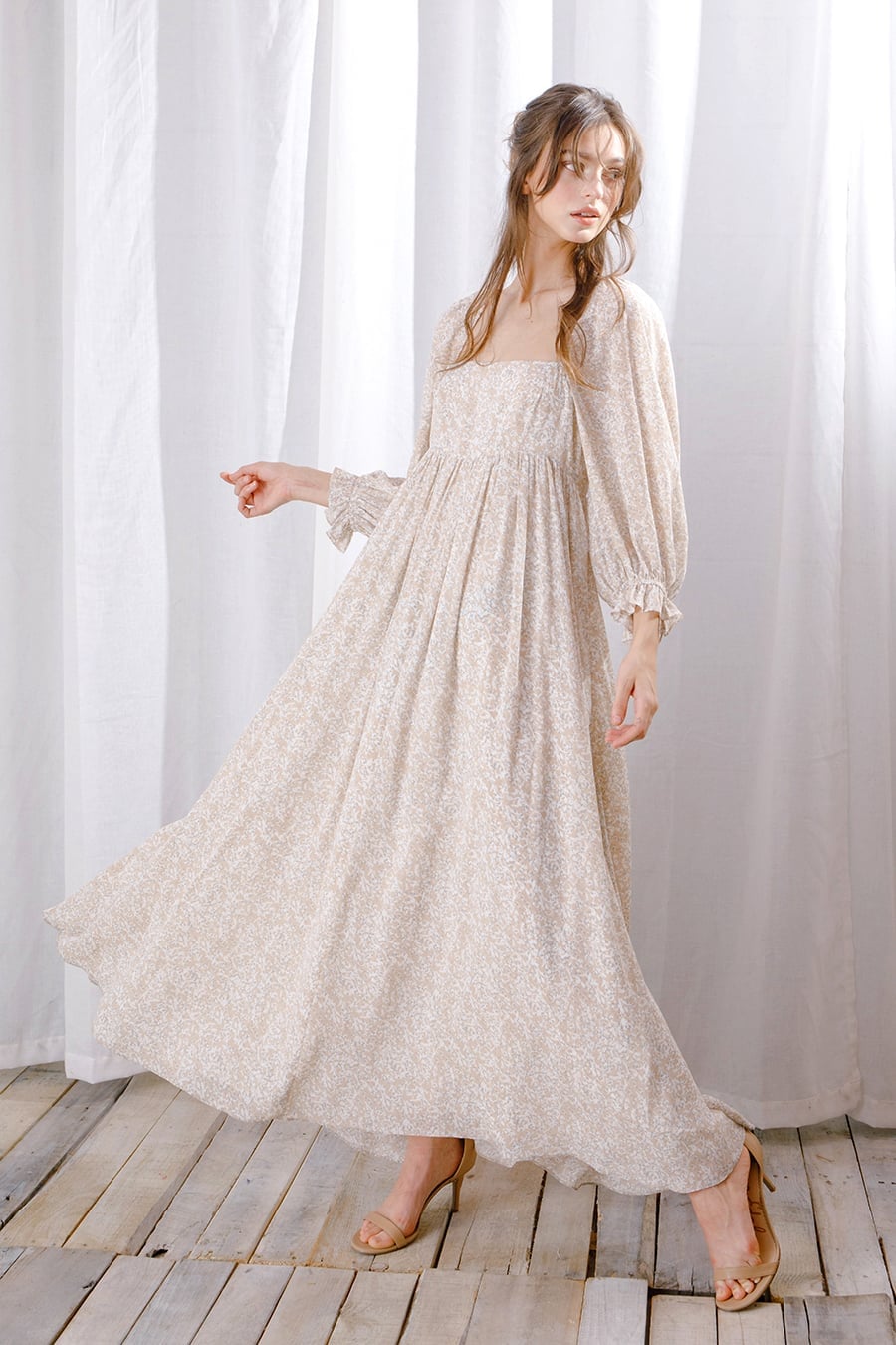 Beige Floral Print Maxi Dress with Square Neckline Beige Floral Print Maxi Dress with Square Neckline — Aesthetic Gowns Dresses