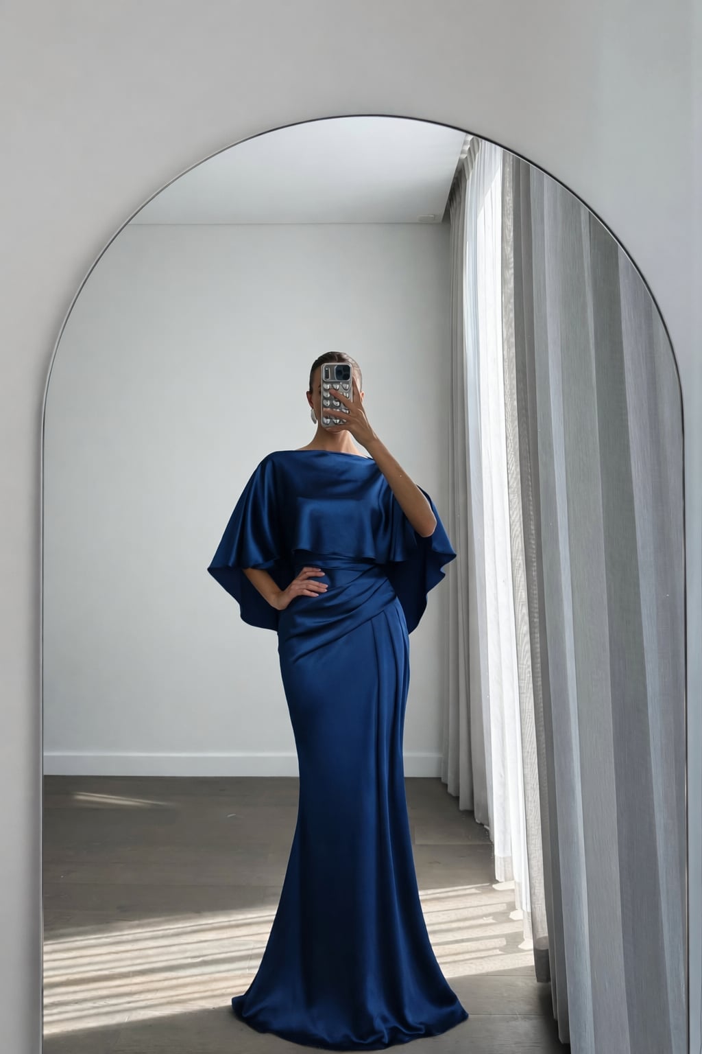 Deep Blue Satin Gown with Cape Sleeves Deep Blue Satin Gown with Cape Sleeves — Aesthetic Gowns Dresses