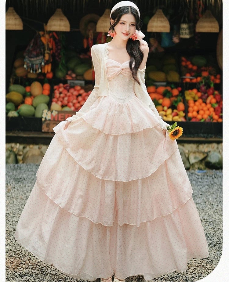 Pastel Pink Tiered Chiffon Gown with Cardigan Pastel Pink Tiered Chiffon Gown with Cardigan — Aesthetic Gowns Dresses