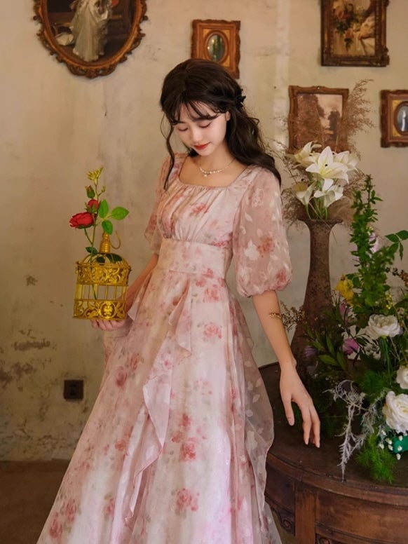 Pink Floral A-Line Dress with Ruffle Skirt Pink Floral A-Line Dress with Ruffle Skirt — Aesthetic Gowns Dresses