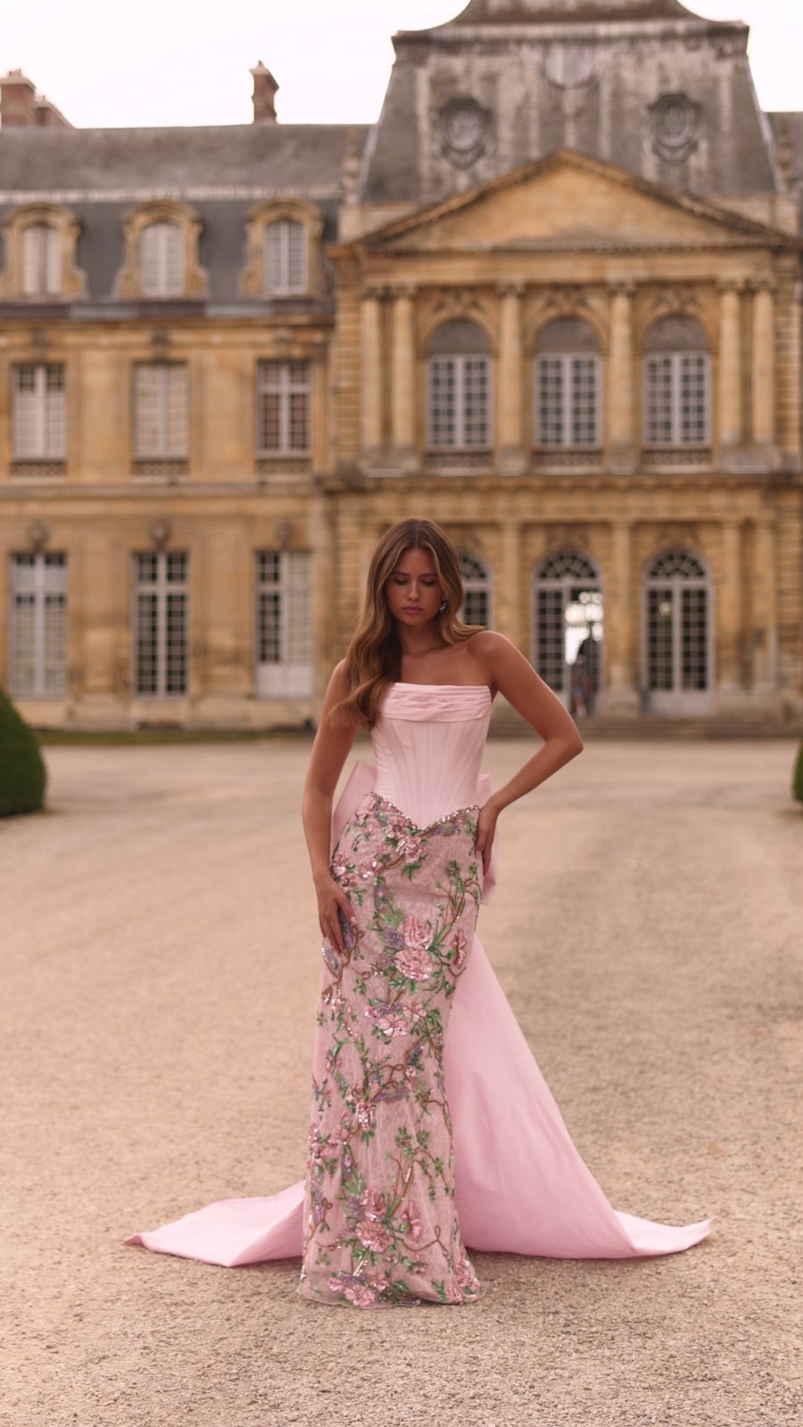 Pale Pink Strapless Gown with Floral Embroidery Pale Pink Strapless Gown with Floral Embroidery — Aesthetic Gowns Dresses