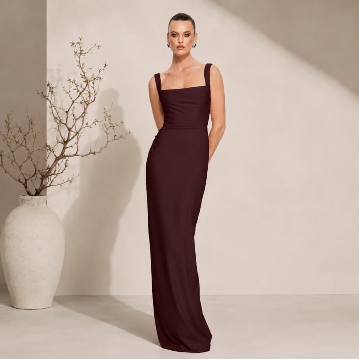 Deep Red Crepe Column Gown with Square Neckline Deep Red Crepe Column Gown with Square Neckline — Aesthetic Gowns Dresses