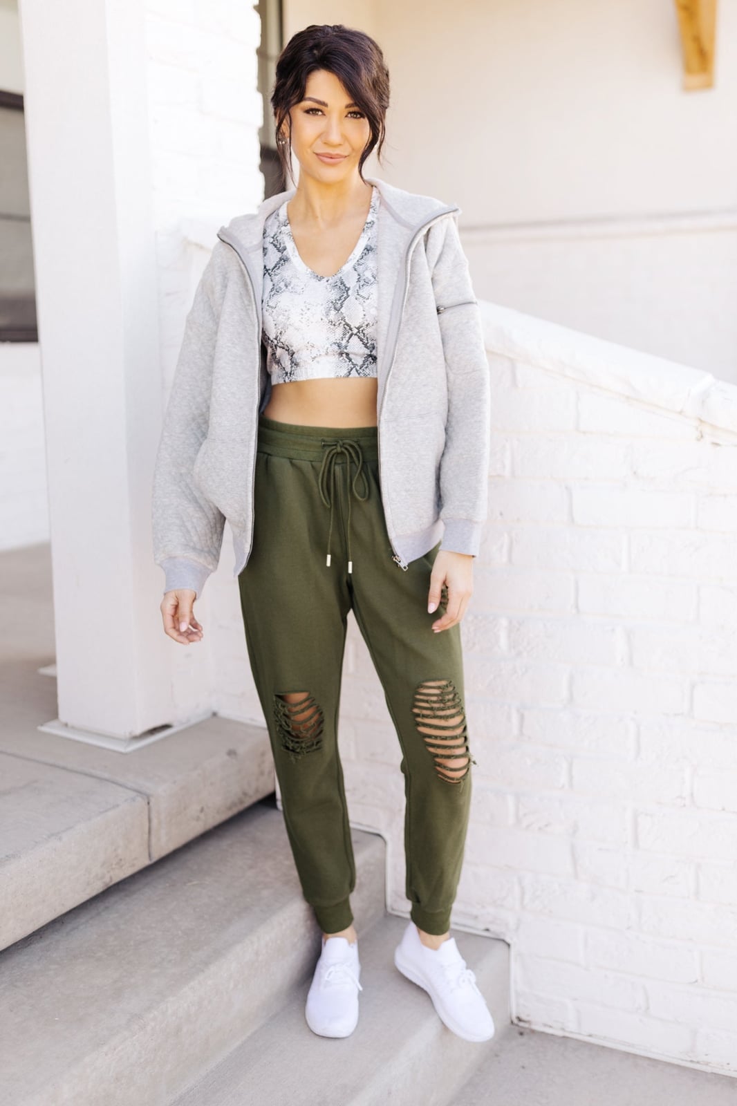 Ripped Olive Green Joggers with Grey Hoodie — Aesthetic Green Sweatpants Outfit