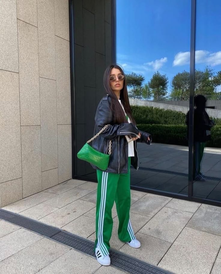 Green Track Pants with White Stripes and Black Leather Jacket — Aesthetic Green Sweatpants Outfit