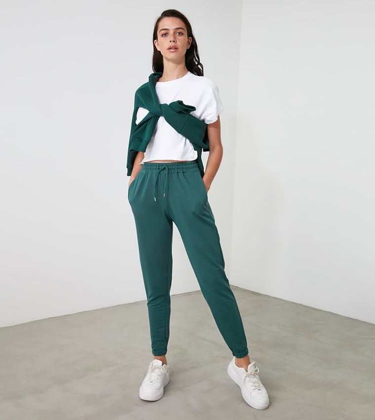 Deep Green Tapered Sweatpants with White T-Shirt — Aesthetic Green Sweatpants Outfit
