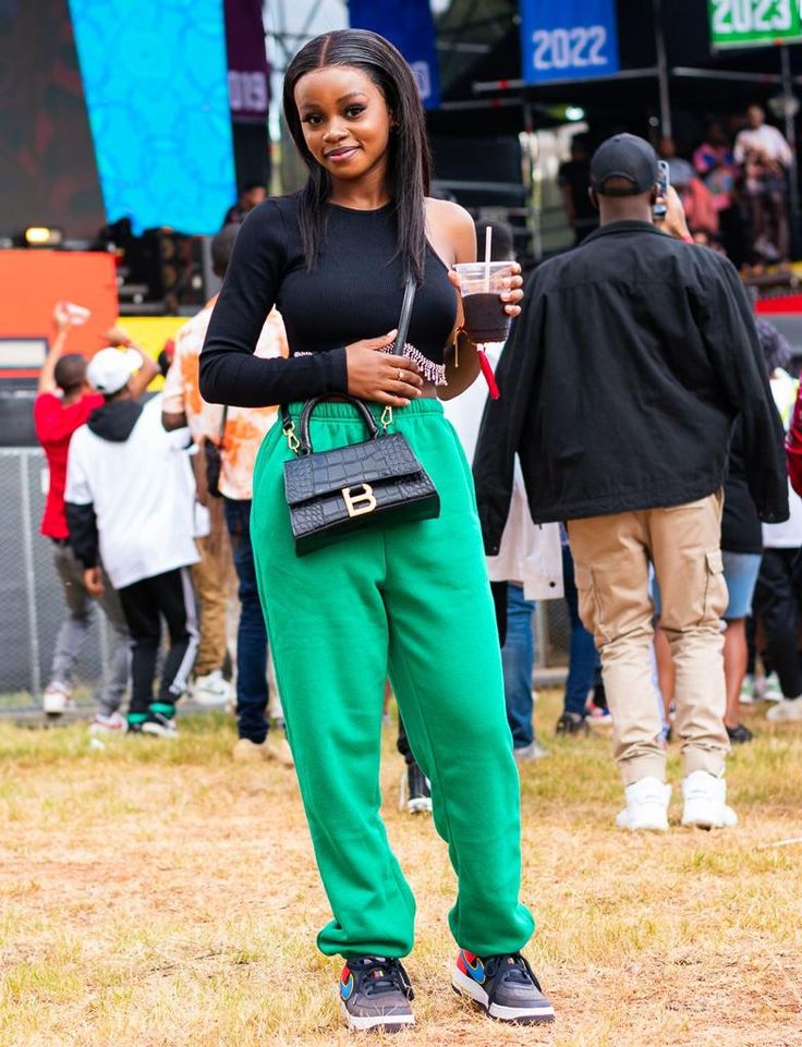 Bright Green Sweatpants with Black Long-Sleeve Top — Aesthetic Green Sweatpants Outfit