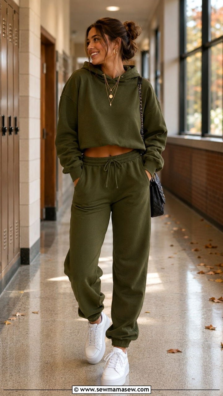 Olive Green Cropped Hoodie and Sweatpants Set — Aesthetic Green Sweatpants Outfit