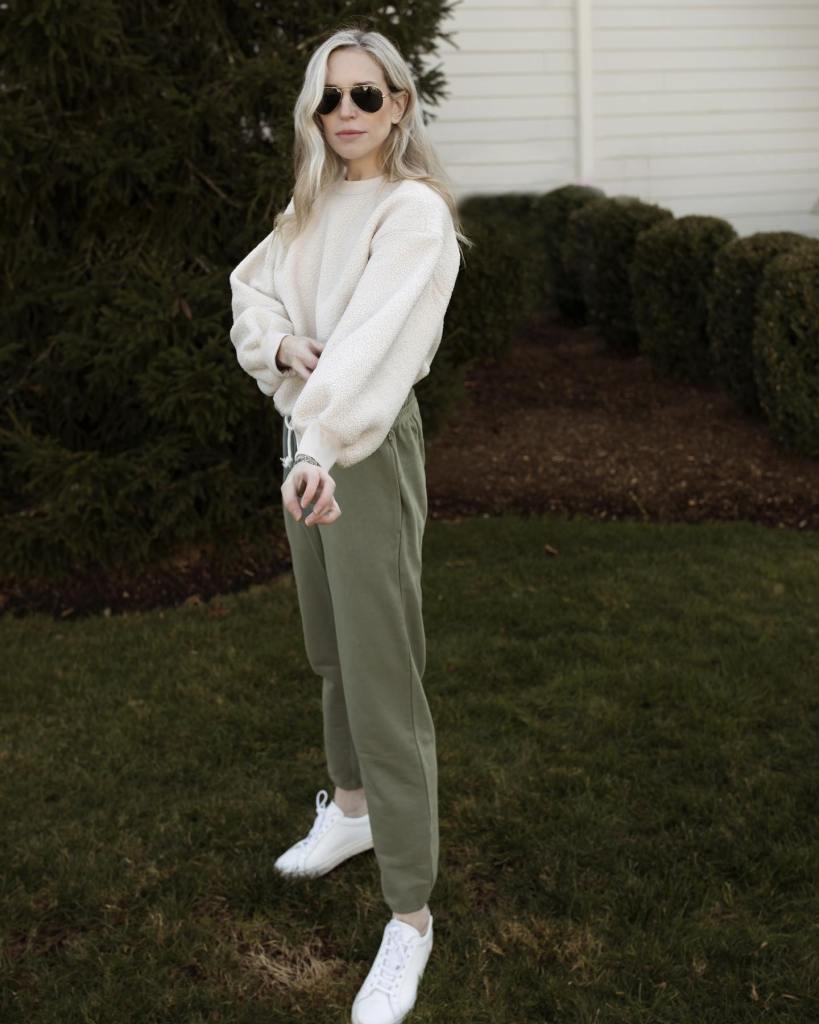 Olive Green Sweatpants with Cream Oversized Sweatshirt — Aesthetic Green Sweatpants Outfit