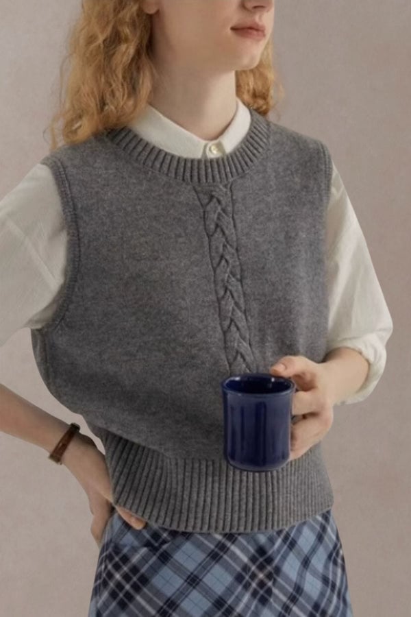 Grey Cable Knit Sweater Vest Over White Collared Shirt With Plaid Grey Cable Knit Sweater Vest Over White Collared Shirt With Plaid — Aesthetic Grey Sweater Outfit