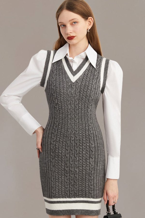 Grey V-Neck Sweater Dress With White Stripes and Collared Shirt Grey V-Neck Sweater Dress With White Stripes and Collared Shirt — Aesthetic Grey Sweater Outfit