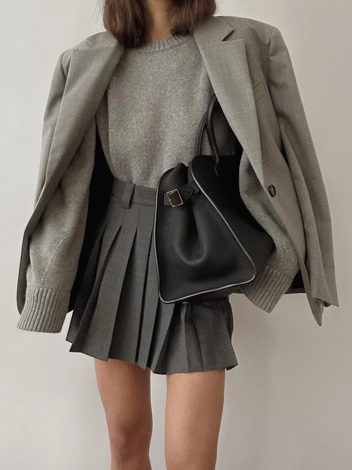 Grey Crewneck Sweater With Grey Blazer and Pleated Mini Skirt Grey Crewneck Sweater With Grey Blazer and Pleated Mini Skirt — Aesthetic Grey Sweater Outfit