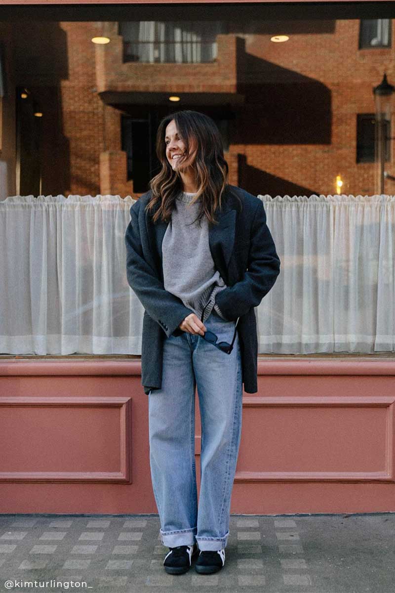 Grey Crewneck Sweater Paired with an Oversized Grey Blazer and Light Grey Crewneck Sweater Paired with an Oversized Grey Blazer and Light — Aesthetic Grey Sweater Outfit