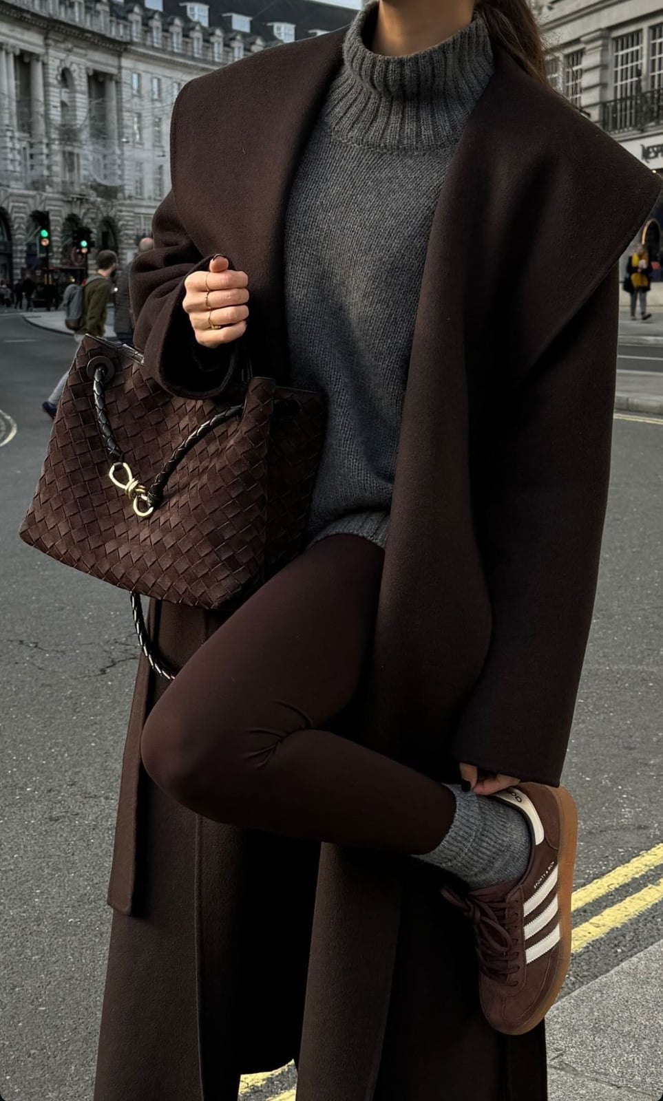Grey Crewneck Sweater Under a Dark Brown Wool Coat With Brown Leggings Grey Crewneck Sweater Under a Dark Brown Wool Coat With Brown Leggings — Aesthetic Grey Sweater Outfit