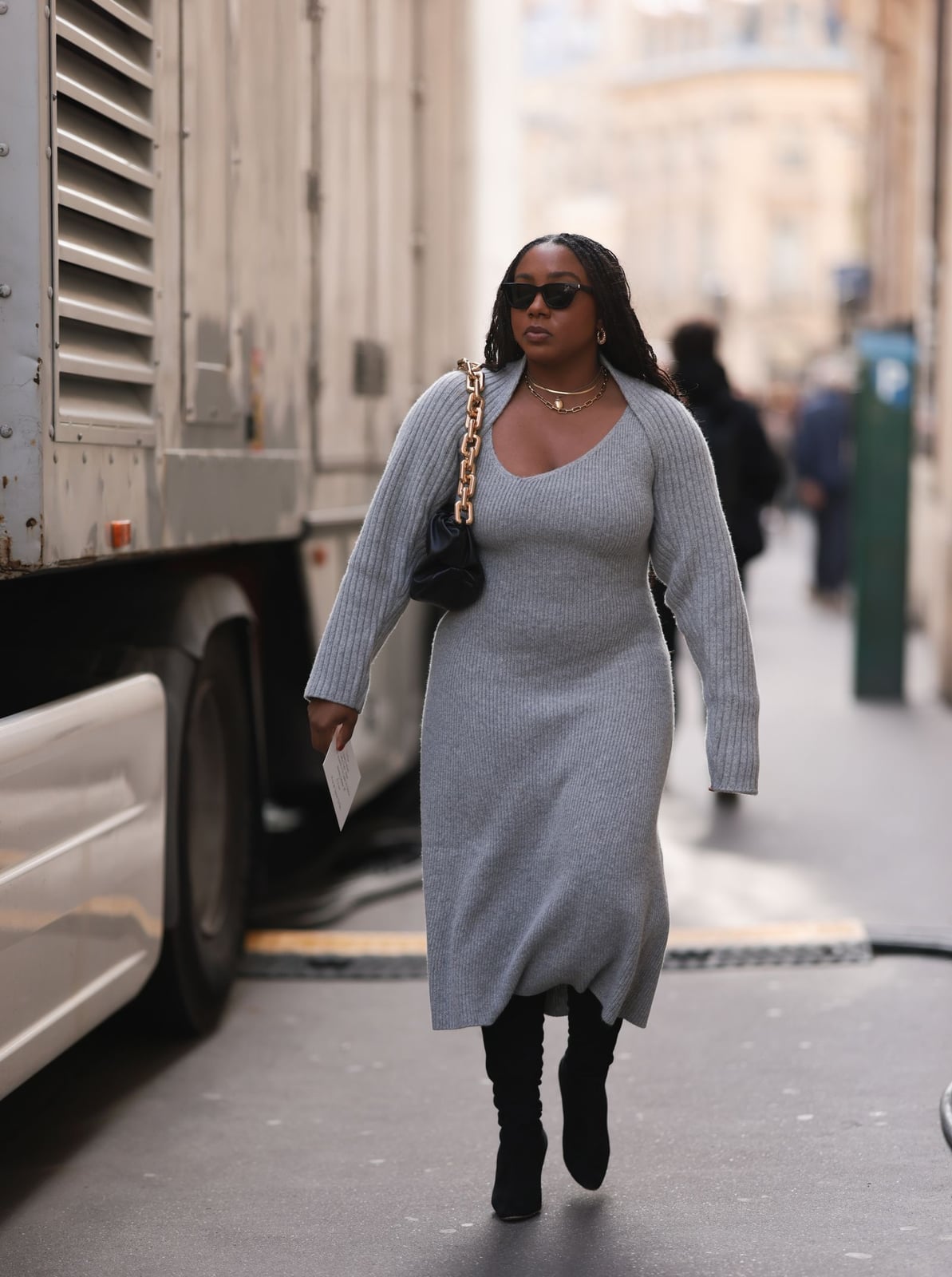 Form-Fitting Grey Knit Dress With Cut-Out Neckline and Black Boots Form-Fitting Grey Knit Dress With Cut-Out Neckline and Black Boots — Aesthetic Grey Sweater Outfit