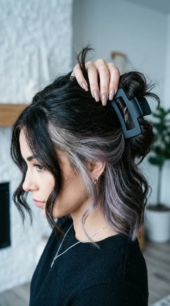Chin Length Bob With Grey and Purple Peekaboo Highlights — Aesthetic Highlighting Hair