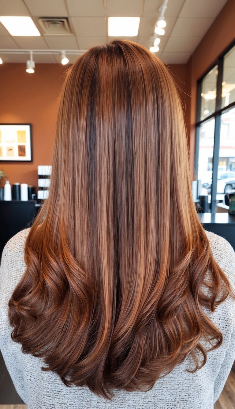 Mid-Back Medium Brown With Copper and Blonde Highlights, Wavy — Aesthetic Highlighting Hair
