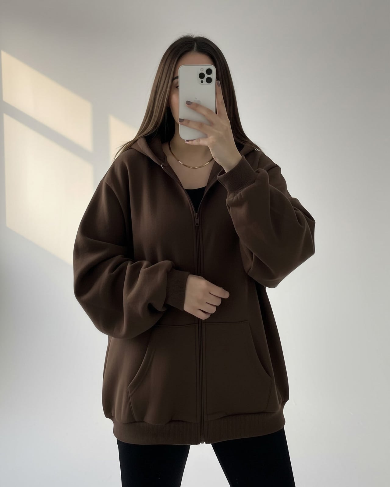 Brown Zip-Up Hoodie with Black Leggings and Gold Chain Brown Zip-Up Hoodie with Black Leggings and Gold Chain — Aesthetic Hoodie Outfits Women