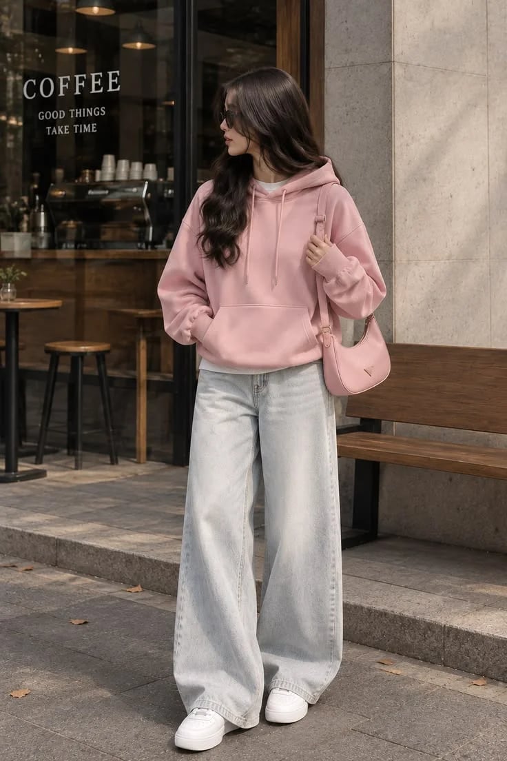Pastel Pink Hoodie with Extremely Wide-Leg Jeans Pastel Pink Hoodie with Extremely Wide-Leg Jeans — Aesthetic Hoodie Outfits Women