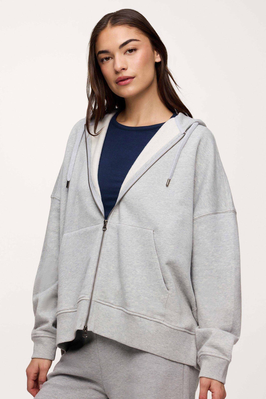 Grey Zip-Up Hoodie Over Navy Ribbed Top Grey Zip-Up Hoodie Over Navy Ribbed Top — Aesthetic Hoodie Outfits Women