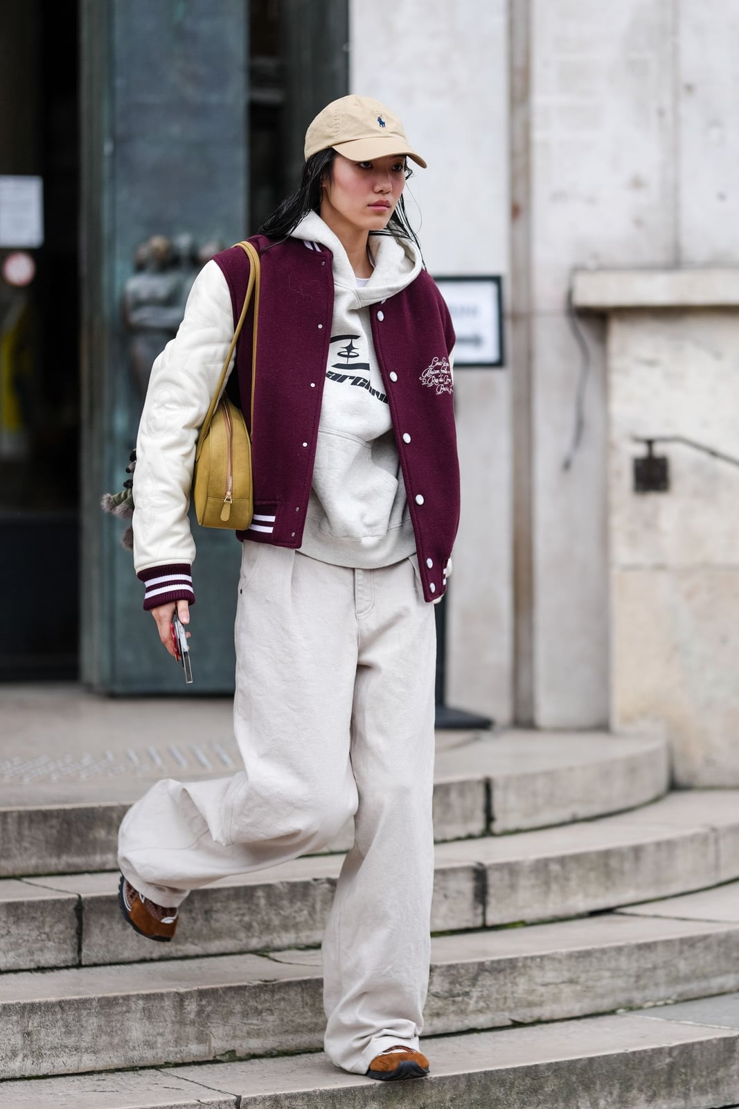 Grey Hoodie Under a Varsity Jacket with Trousers Grey Hoodie Under a Varsity Jacket with Trousers — Aesthetic Hoodie Outfits Women