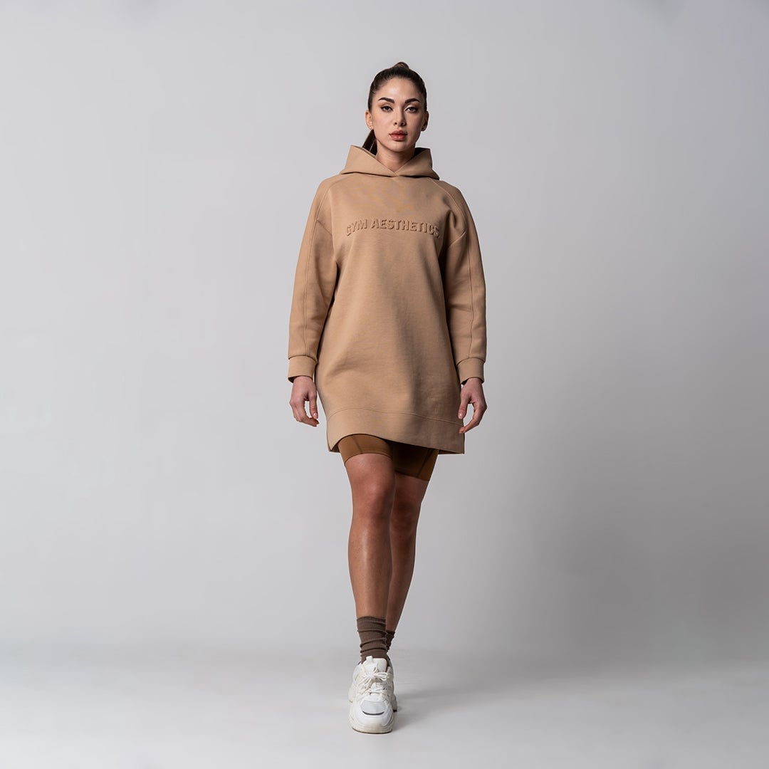 Tan Hoodie Dress with Brown Shorts and Sneakers Tan Hoodie Dress with Brown Shorts and Sneakers — Aesthetic Hoodie Outfits Women