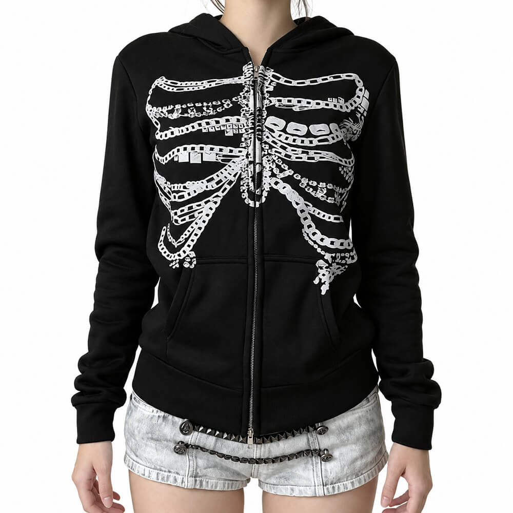 Fitted Black Zip-Up Hoodie with Skeleton Graphic Fitted Black Zip-Up Hoodie with Skeleton Graphic — Aesthetic Hoodie Outfits Women