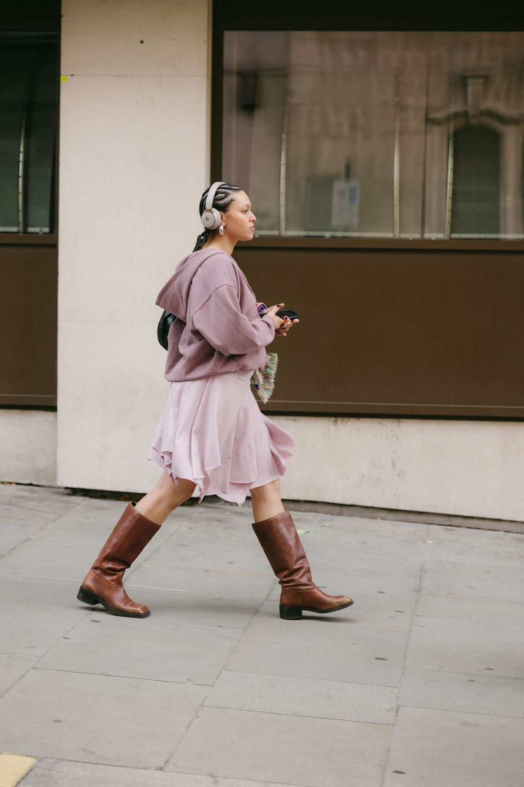 Lilac Hoodie with Pink Pleated Skirt and Boots Lilac Hoodie with Pink Pleated Skirt and Boots — Aesthetic Hoodie Outfits Women