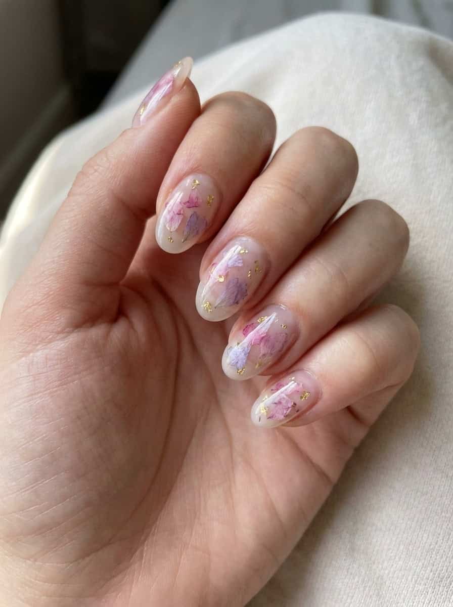 Short Oval Pressed Flower Gold Foil Nails — Aesthetic Korean Nail Art