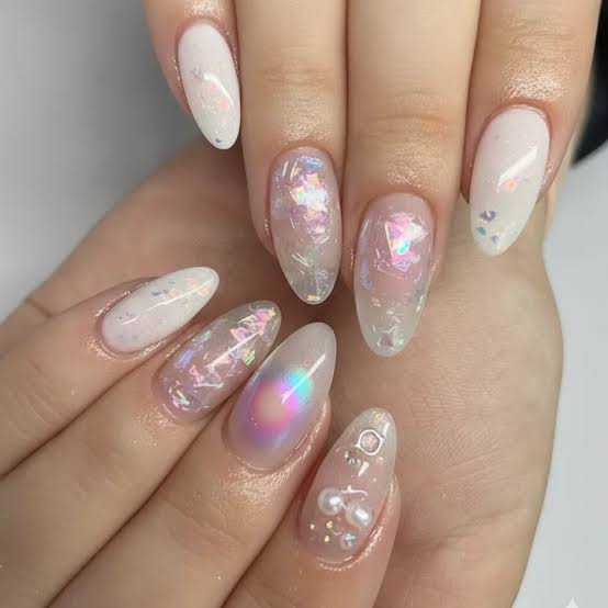 Medium Almond Milky Iridescent Flake Pearl Nails — Aesthetic Korean Nail Art