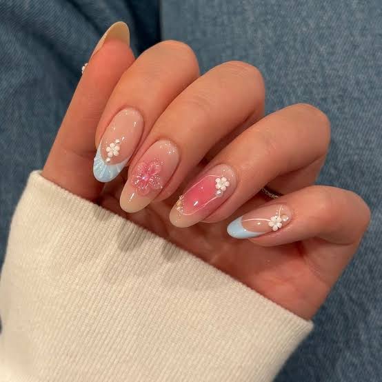 Medium Almond Nude Light Blue French Pink Jelly Nails — Aesthetic Korean Nail Art