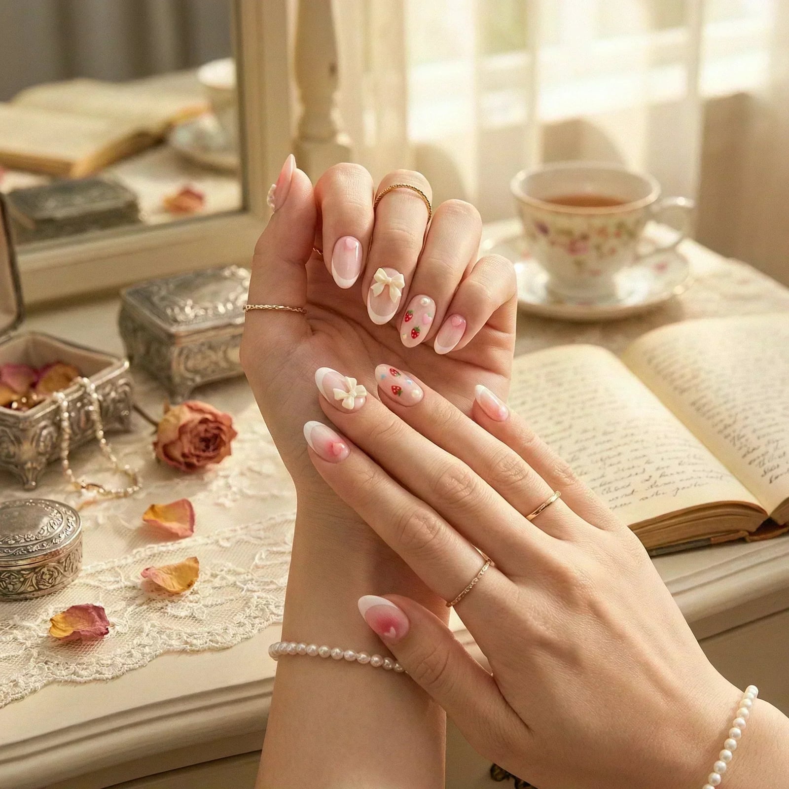 Short Oval Spring French Tip Nails — Aesthetic Korean Nail Art