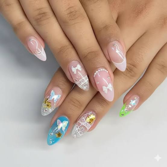 Medium Almond White Bow Butterfly Lace Nails — Aesthetic Korean Nail Art