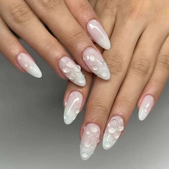 Medium Almond Milky White 3D Floral Bubble Nails — Aesthetic Korean Nail Art