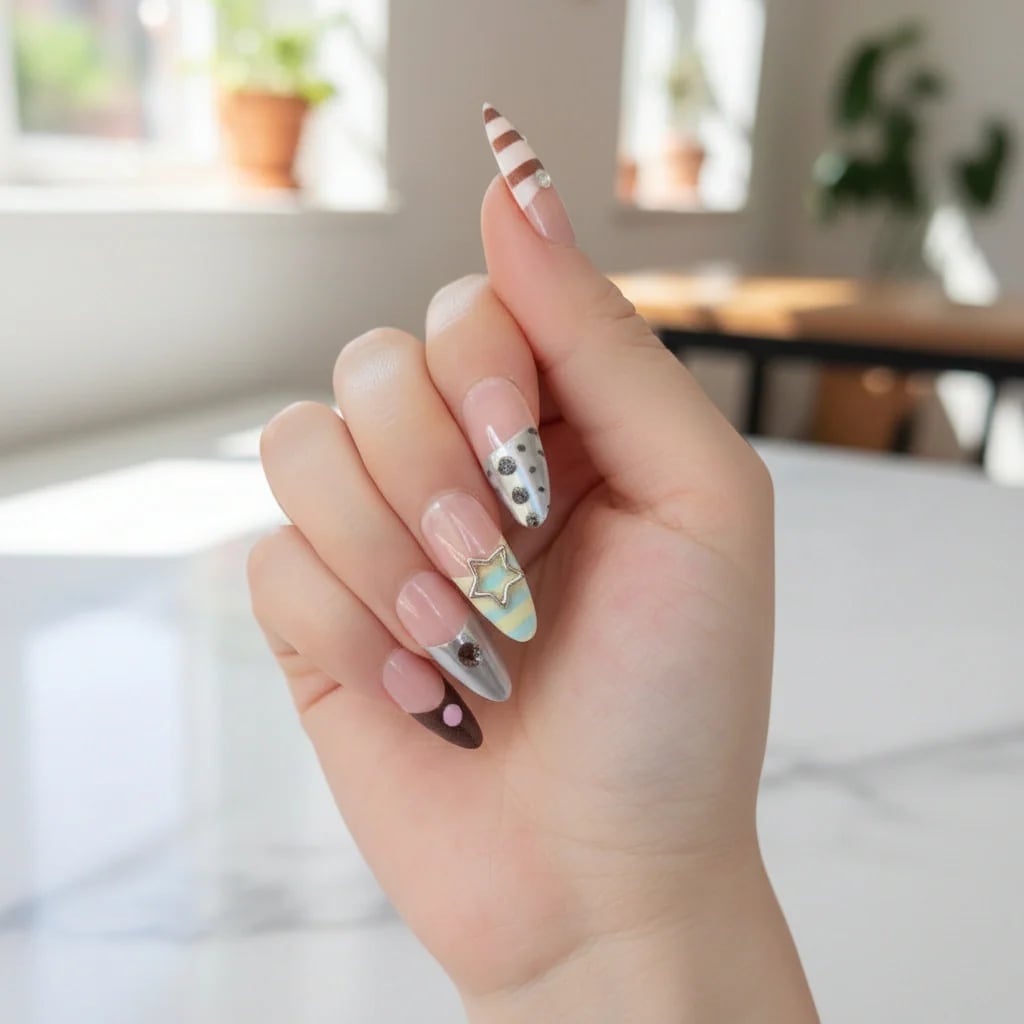 Medium Almond French Green Tip Star Charm Nails — Aesthetic Korean Nail Art