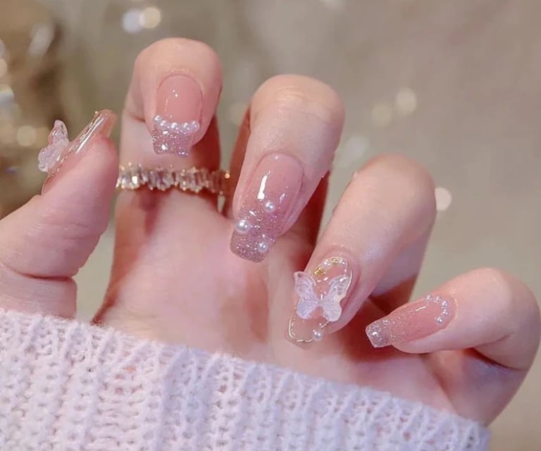 Long Square Sheer Pink Butterfly Pearl Nails — Aesthetic Korean Nail Art