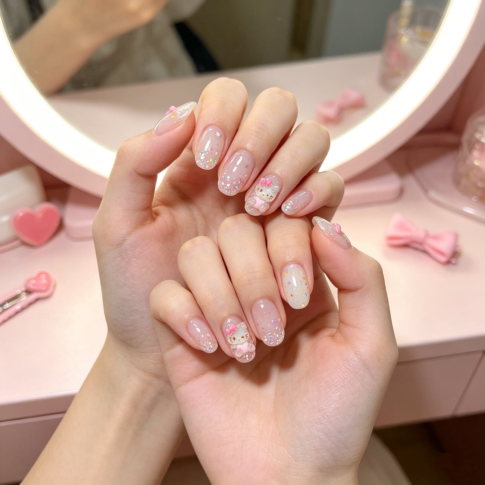 Short Almond Glitter Bow Character Nails — Aesthetic Korean Nail Art