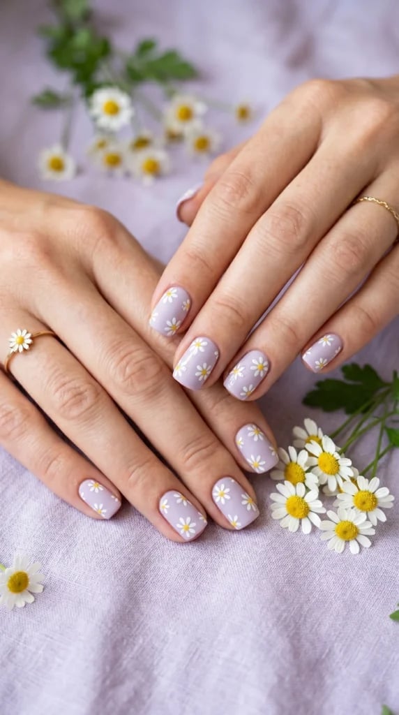 Short Square Matte Daisy Print Nails — Aesthetic Korean Nail Art