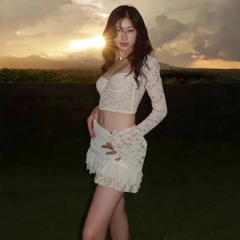 Ivory Lace Crop Top With Ruffled Skirt Ivory Lace Crop Top With Ruffled Skirt — Aesthetic Lace Top Outfit