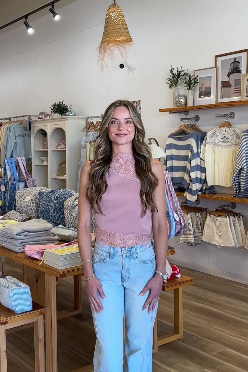 Pink Lace Trim Top With Relaxed Jeans Pink Lace Trim Top With Relaxed Jeans — Aesthetic Lace Top Outfit
